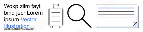 Travel planning, research, logistics, document review, information search, organization. Luggage, magnifying glass and folded paper icons. Travel planning and research symbol