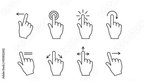 Fingers indicating various touch gestures on screen including swipe, tap, press, and pinch with outlined icons on white background.