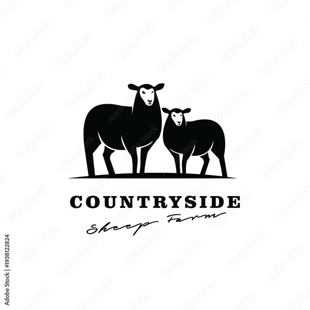 Obraz premium Countryside Sheep Farm Logo with Black Silhouette of Adult and Lamb