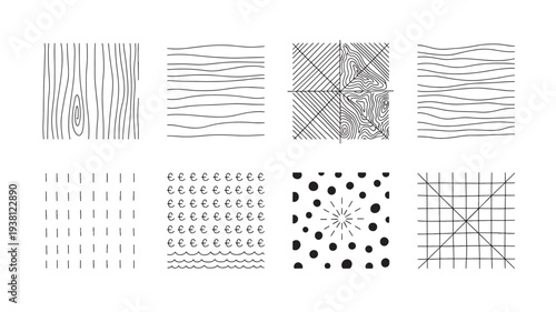 Abstract patterns collection with hand-drawn lines, dots, euro symbols, and waves featuring pattern, texture, background with graphic and design