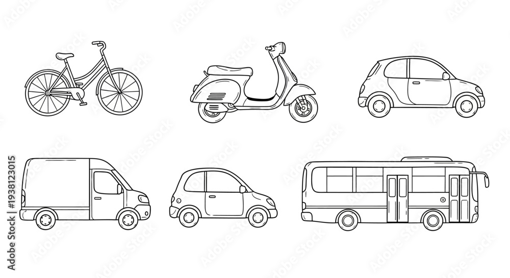 Naklejka premium Hand drawn transportation and city vehicle line art set