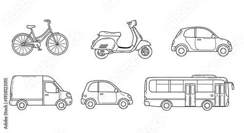 Hand drawn transportation and city vehicle line art set