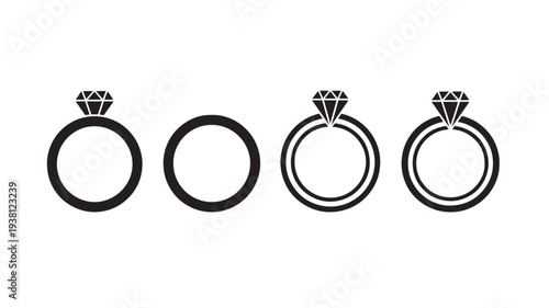 Diamond rings icons with different designs and styles, minimalist black and white simple graphic elements for wedding or engagement.