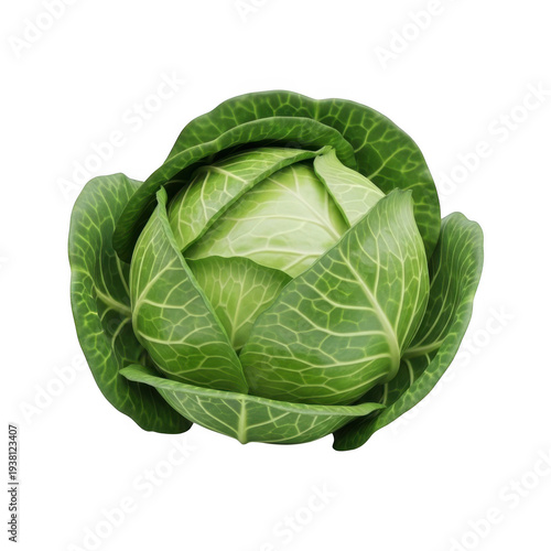 Fresh green cabbage head isolated on transparent background with crisp leaves