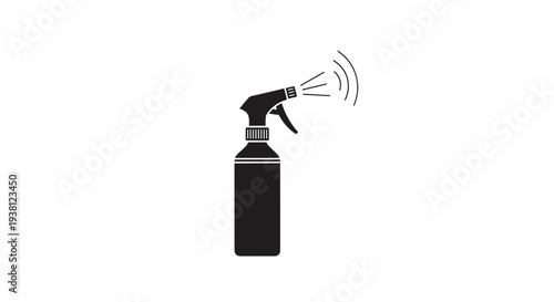 Black spray bottle with nozzle spraying liquid on white background.