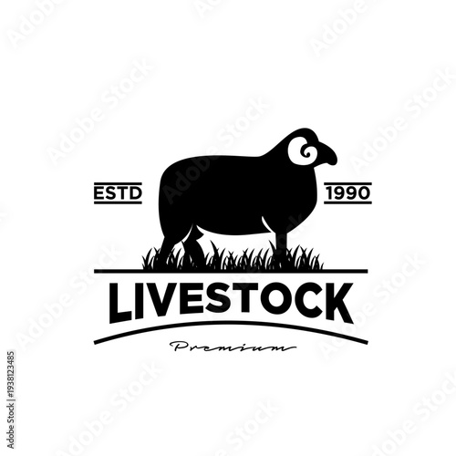 Black Silhouette Sheep Livestock Farm Logo with Grass and Vintage Established 1990 Text Emblem