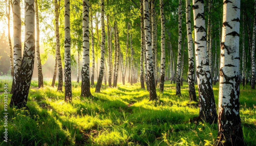 Obraz premium Sunlight through birch trees with verdant grass creates a serene forest scene