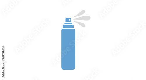 Blue aerosol spray can with mist on white background.