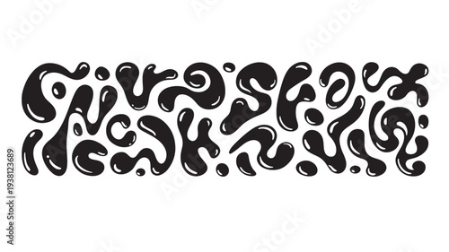 Black amorphous blobs and droplets forming a decorative liquid border design with glossy highlights and fluid shapes against a white background