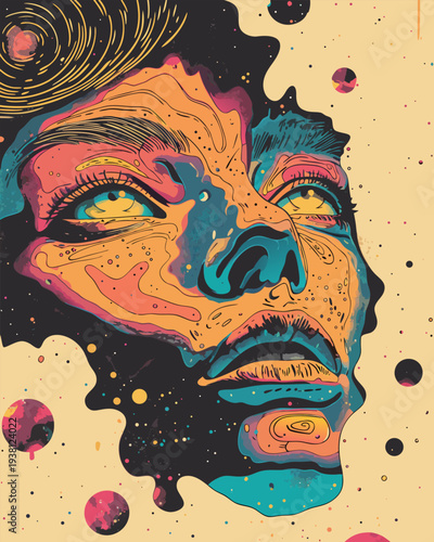Abstract Psychedelic Woman Portrait with Cosmic Planets and Stars for Music Art, Creative Editorial Design, and Commercial Branding
