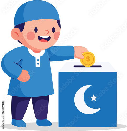 Cartoon Little Boy Giving Alms Charity Donation to Islamic Box Illustration