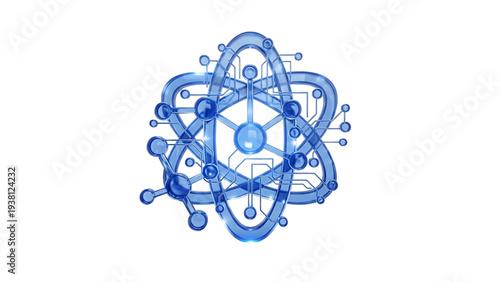 An abstract blue wave background featuring circular patterns and 3D atomic icons to create a professional science illustration of molecular technology and nuclear energy concepts