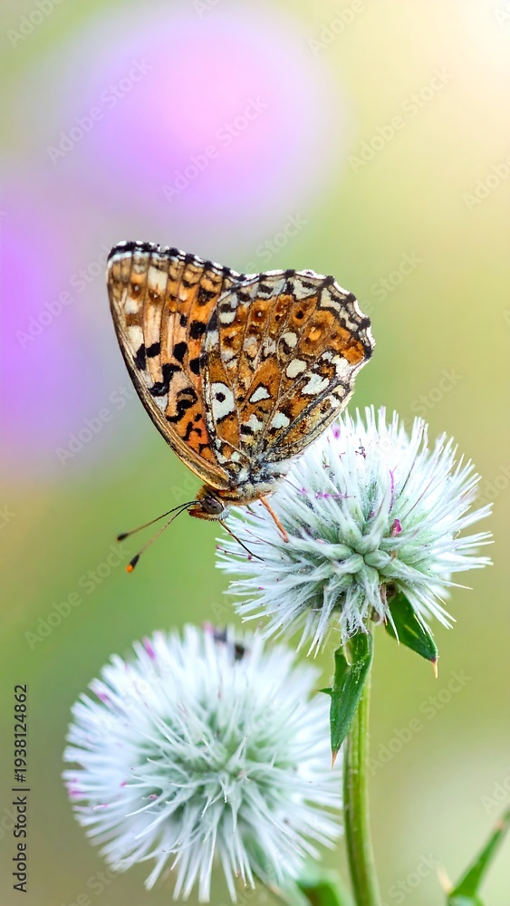 Obraz premium Close-up of butterfly perched on white flower, vibrant background