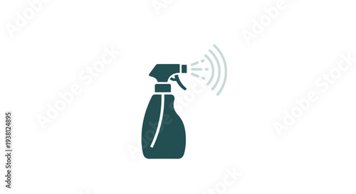 Simple dark green spray bottle icon with spray emanating.