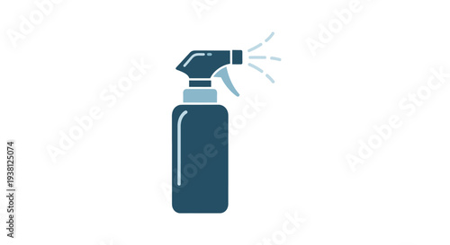 Dark blue spray bottle with spraying liquid.