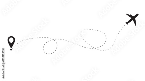Airplane flying with dotted line path showing travel route from location pin on a white background featuring flight, journey, destination with