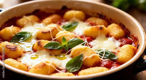 Casserole dish with Italian gnocchi alla Sorrentina topped with melted cheese, close-up view.