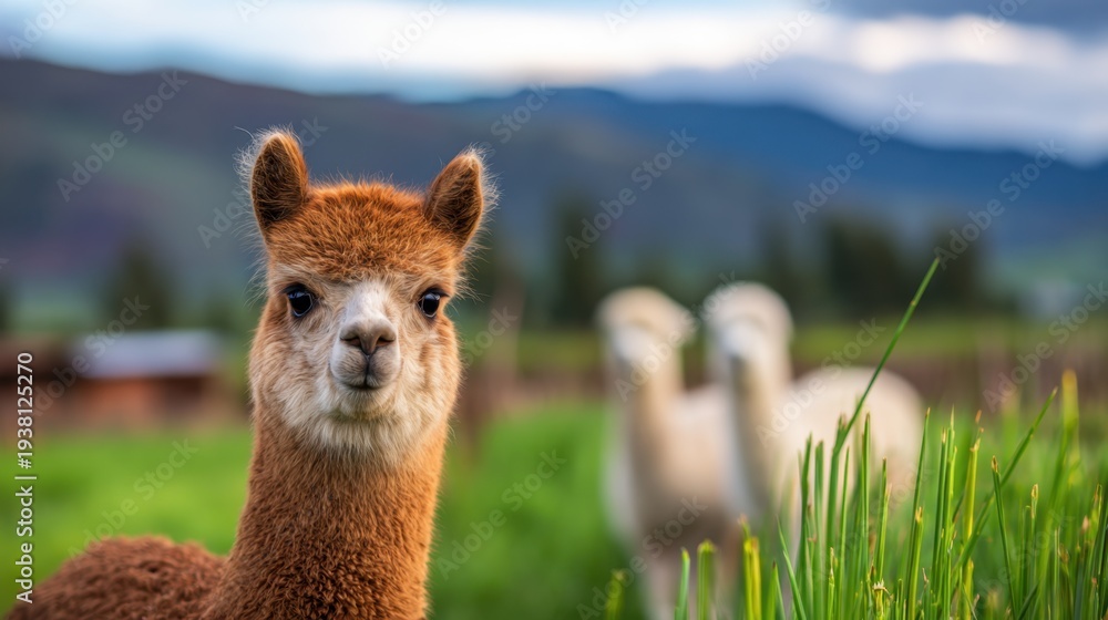 Fototapeta premium A young alpaca stands in a lush green field with blurred companions and a scenic mountain backdrop