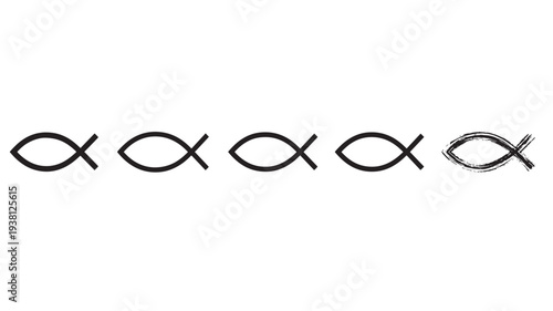 Christian fish symbols in a row, one with a distressed, brushstroke texture, symbolizing faith and religion.