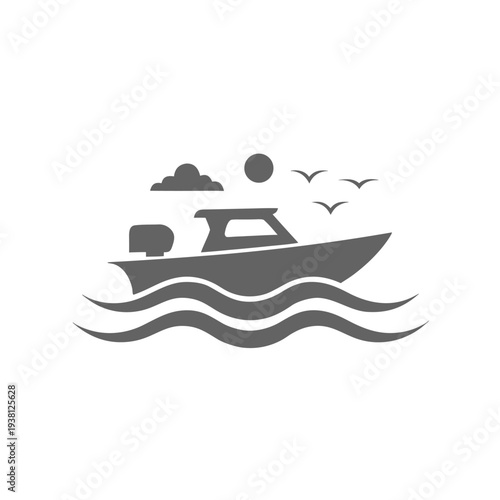 Small motorboat sailing on wavy water with birds and sun in the sky small boat waves