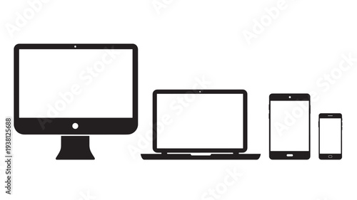 Computer monitor, laptop, tablet, and smartphone icons with blank screens for creative use featuring desktop, notebook, mobile phone with screen and