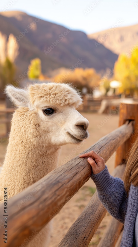 Fototapeta premium A fluffy llama interacts with a girl behind a wooden fence in a serene outdoor setting