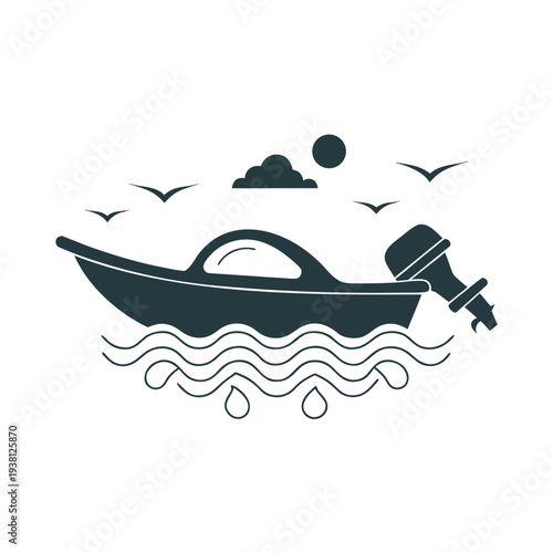 Small motorboat with outboard motor on wavy water with birds and clouds small boat
