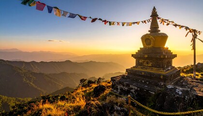 Stupa sits atop hill at sunrise, prayer flags strung, overlooking layers of green mountain ranges