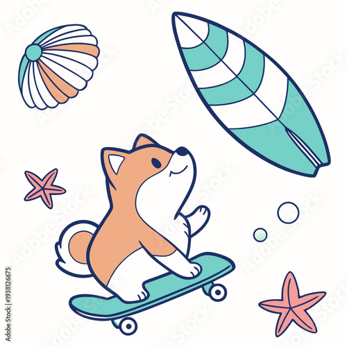 Cute SVG of a Bashful Akita in Ocean Dreams colors, featuring riding a skateboard in a Under the Sea setting