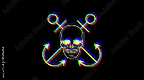 Animated nautical skull with crossed anchors featuring a vibrant digital glitch effect, chromatic aberration, and RGB color shifts on a solid black background.