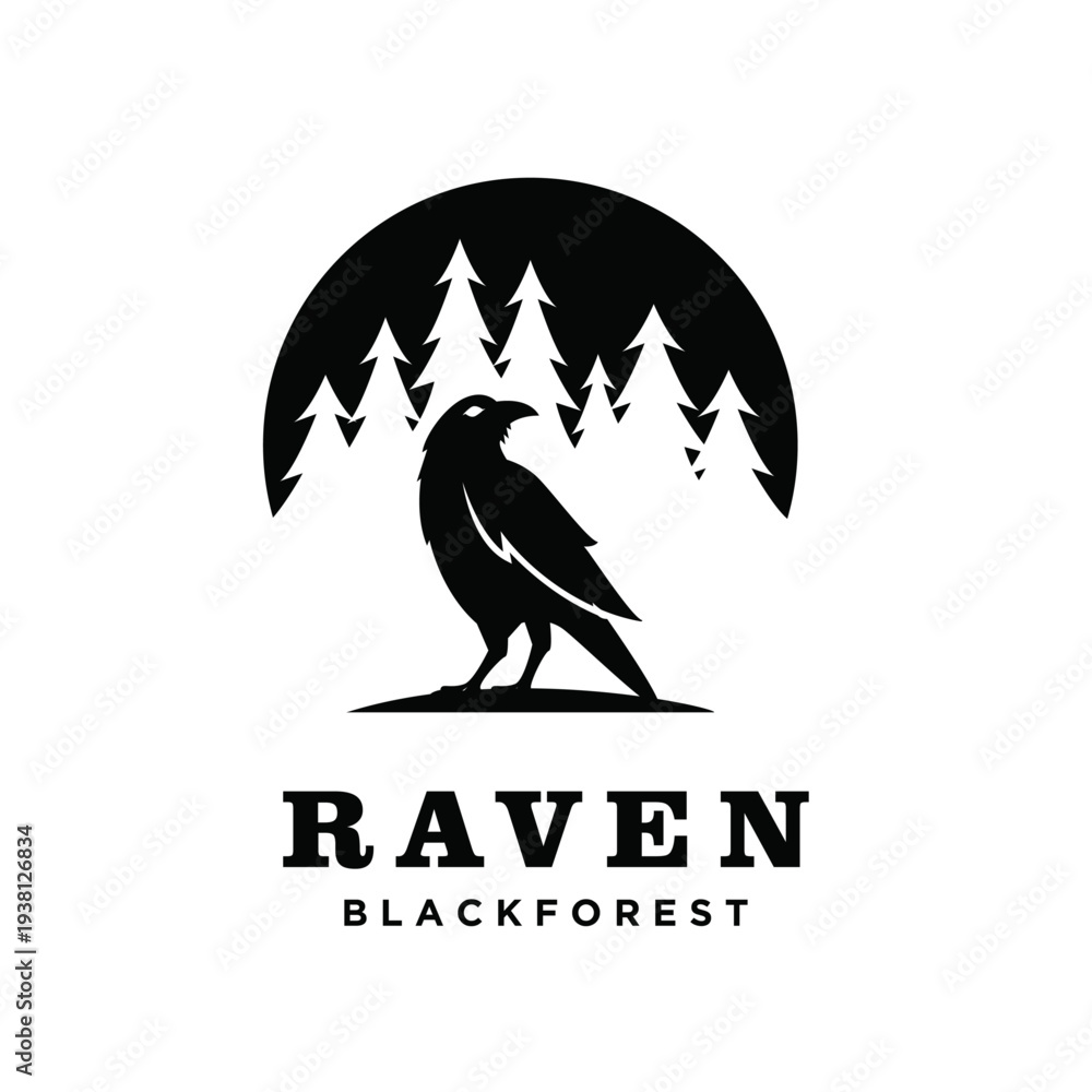 Obraz premium Raven Bird Silhouette Logo with Pine Trees and Crescent Moon, Black Forest Minimalist Design