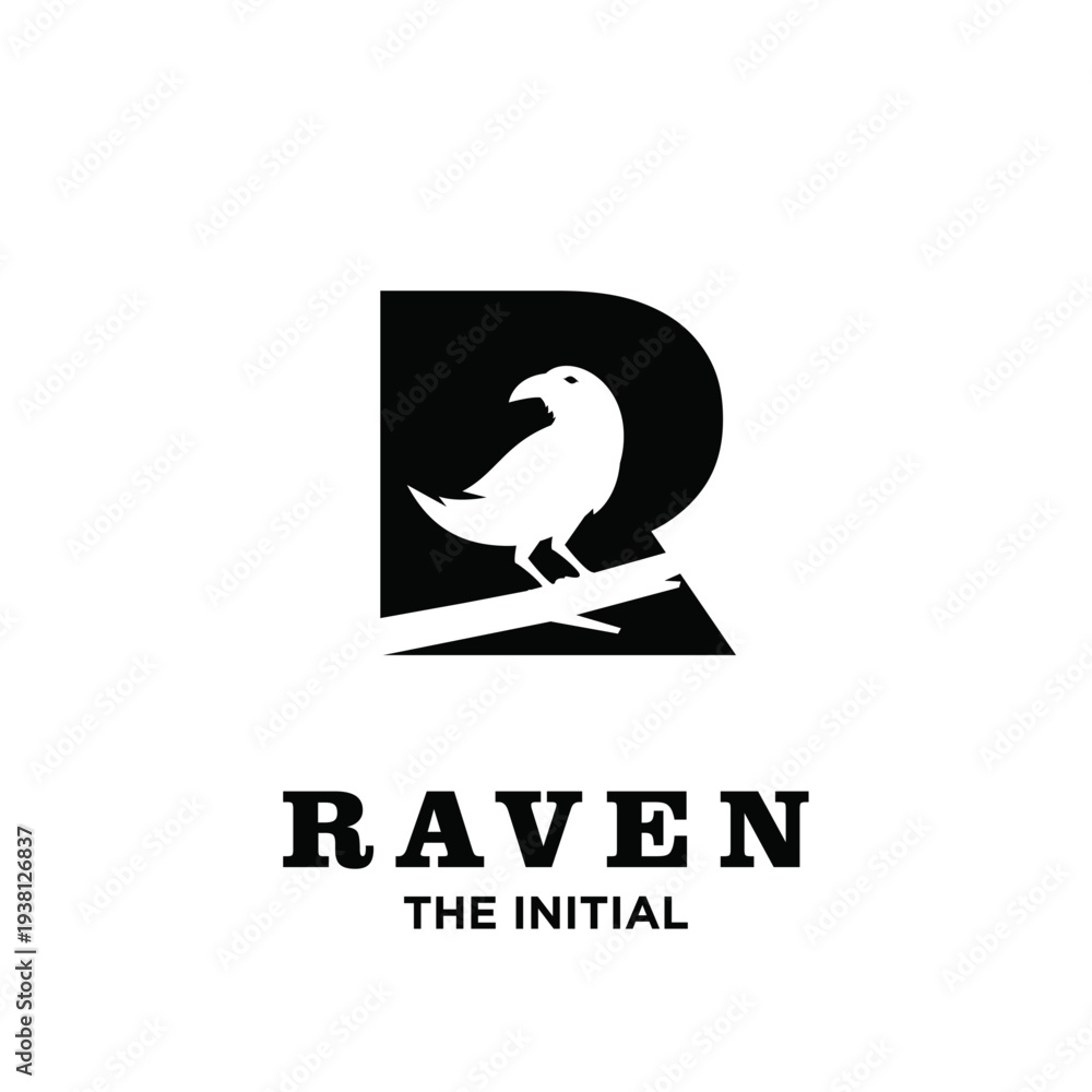 Naklejka premium Raven Bird Perched on Branch Integrated into Letter R Initial Logo Design Black and White