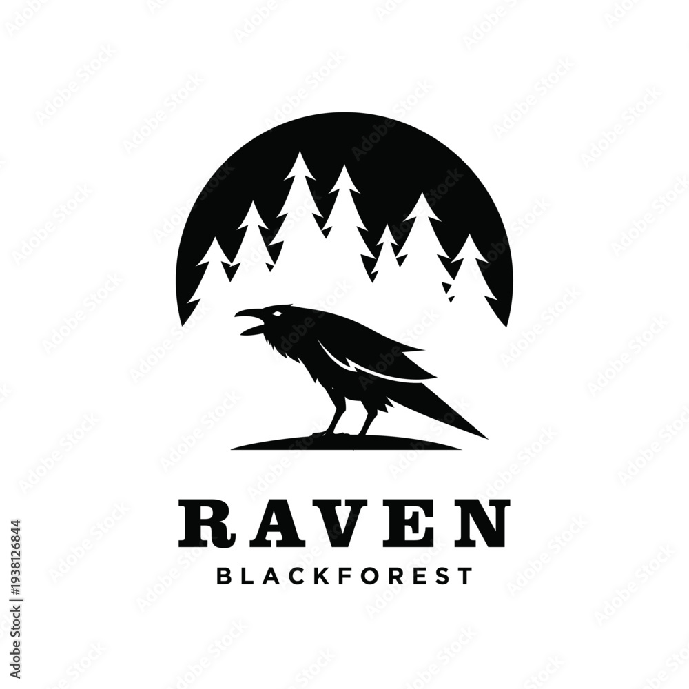 Obraz premium Black Raven Bird Cawing Silhouette in Evergreen Forest and Moon Logo Design