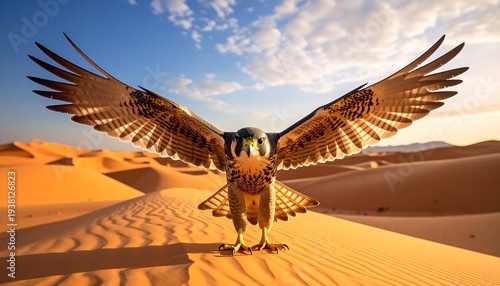 Striking bird of prey spreads wings atop sandy dunes, set against a bright, cloudy sky in a warm, golden landscape