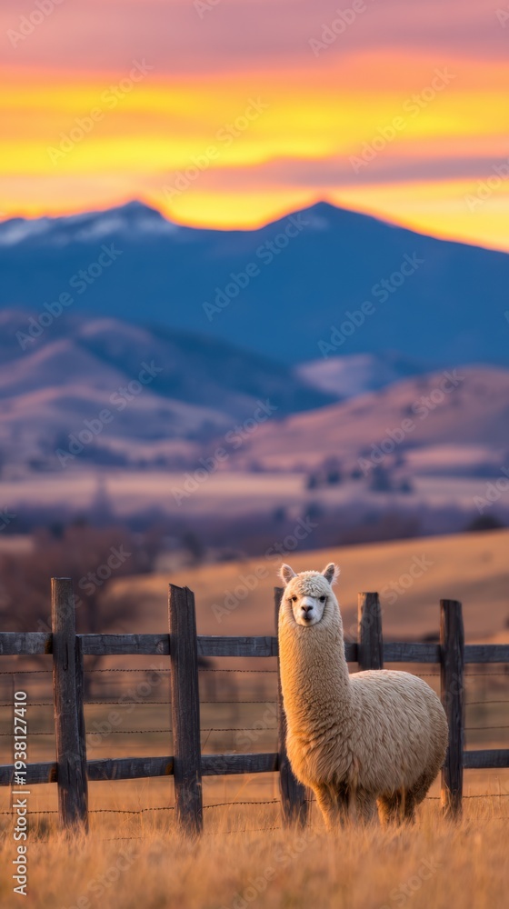 Fototapeta premium A serene llama stands in a golden field against a vibrant sunset and majestic mountains