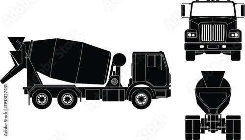 Cement mixer truck silhouette vector set with side, front, and rear views, construction vehicle illustration isolated on white background