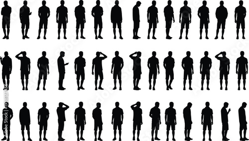 Collection of standing men silhouettes showing different poses and gestures isolated set for people, crowd, character, and human figure design