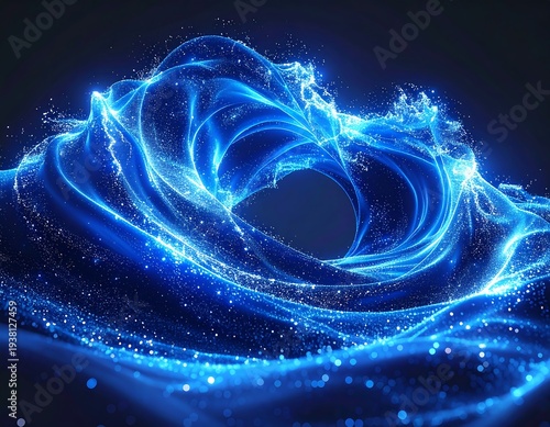 Swirling blue energy wave pulsates against a dark backdrop, illuminated with shimmering, sparkling particles