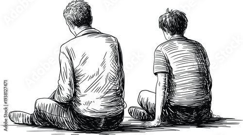 Father and son sitting together back view hand drawn sketch illustration, family bonding moment, parenting concept isolated on white background