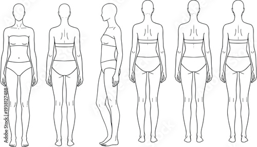 Female body front back and side view continuous line drawing human anatomy outline vector fashion figure template illustration