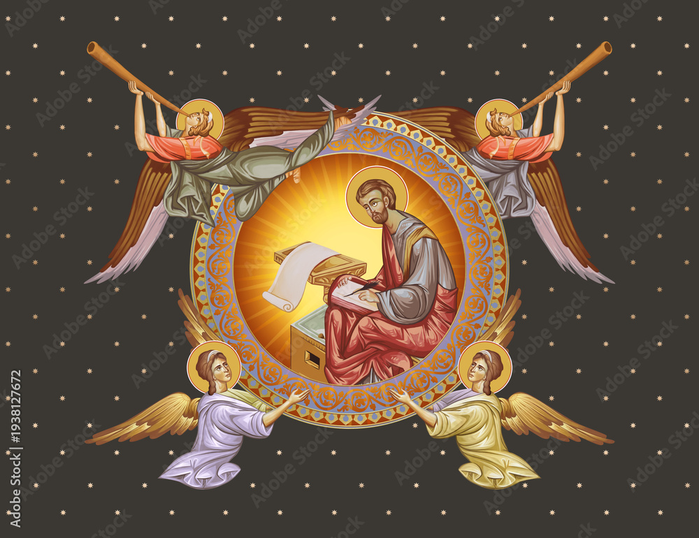 Obraz premium Apostle Luke, Decorative vintage illustration with angels in Byzantine style