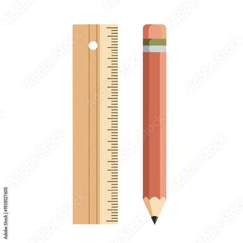 Wooden ruler and pencil on white background  