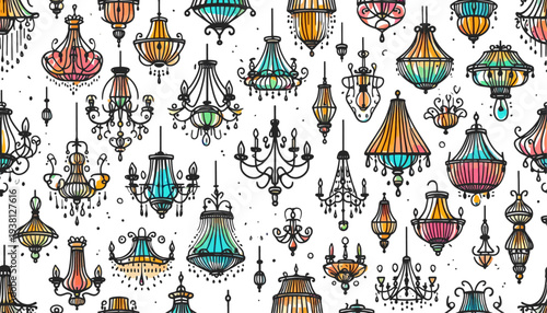 various chandeliers design seamless vector background in black and different shades