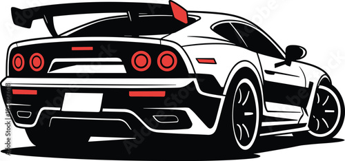 Modern racing sports car rear perspective vector illustration with aerodynamic spoiler performance coupe isolated on white background automotive design