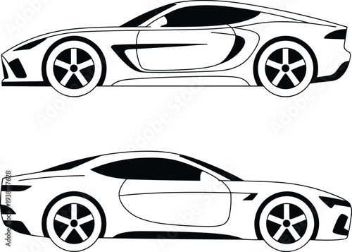 Modern sports car side view vector illustration set with sleek luxury supercar silhouettes isolated on white background automotive design
