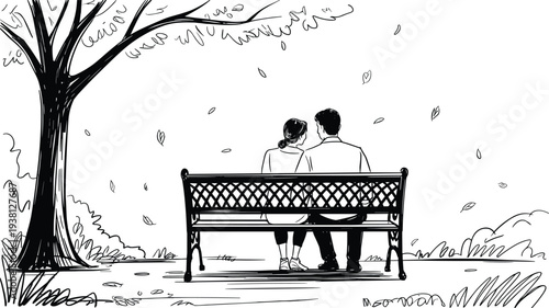 Romantic couple sitting on park bench under tree during autumn with falling leaves peaceful love moment hand drawn vector illustration