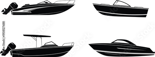 Speedboat and motorboat silhouette collection vector set featuring modern recreational boats for marine transport sailing tourism and water sport design