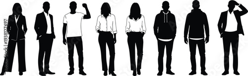 Standing people silhouettes collection showing men and women in different casual poses isolated on white background for crowd and character design