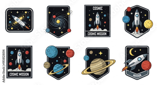 Collection of Space Exploration Patches with Rockets and Planets.