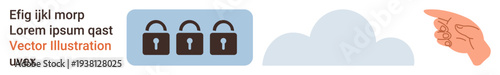 Cybersecurity, cloud storage, data protection, online security, access control, information privacy. Lock icons in a cloud and a pointing hand. Cybersecurity and cloud storage theme